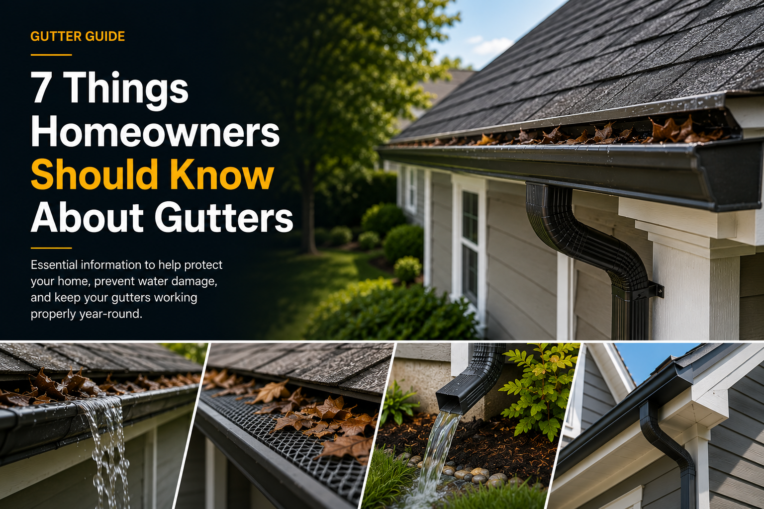 Gutter guide showing a residential roof and gutter system with four panels illustrating water damage prevention, reducing clogs, directing water away from the home, and protecting the home's exterior.