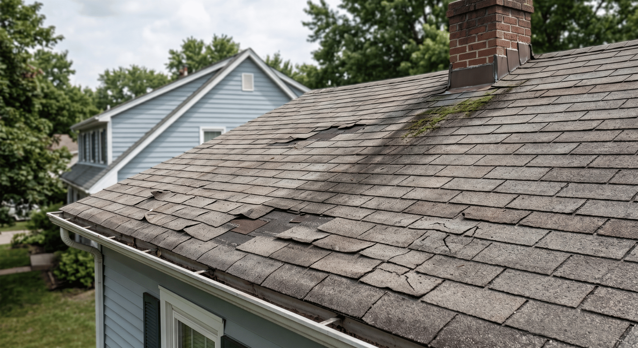 Damaged asphalt shingles showing curling edges, cracks, and moss growth on an old roof